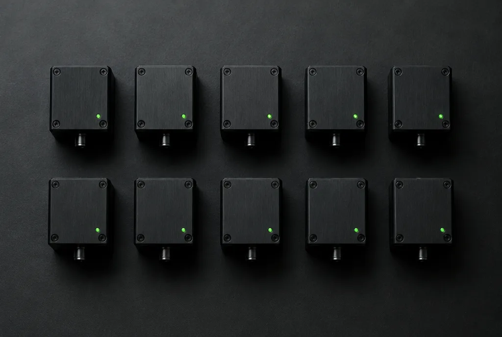 Ten identical black modules in a grid, each with a green light on