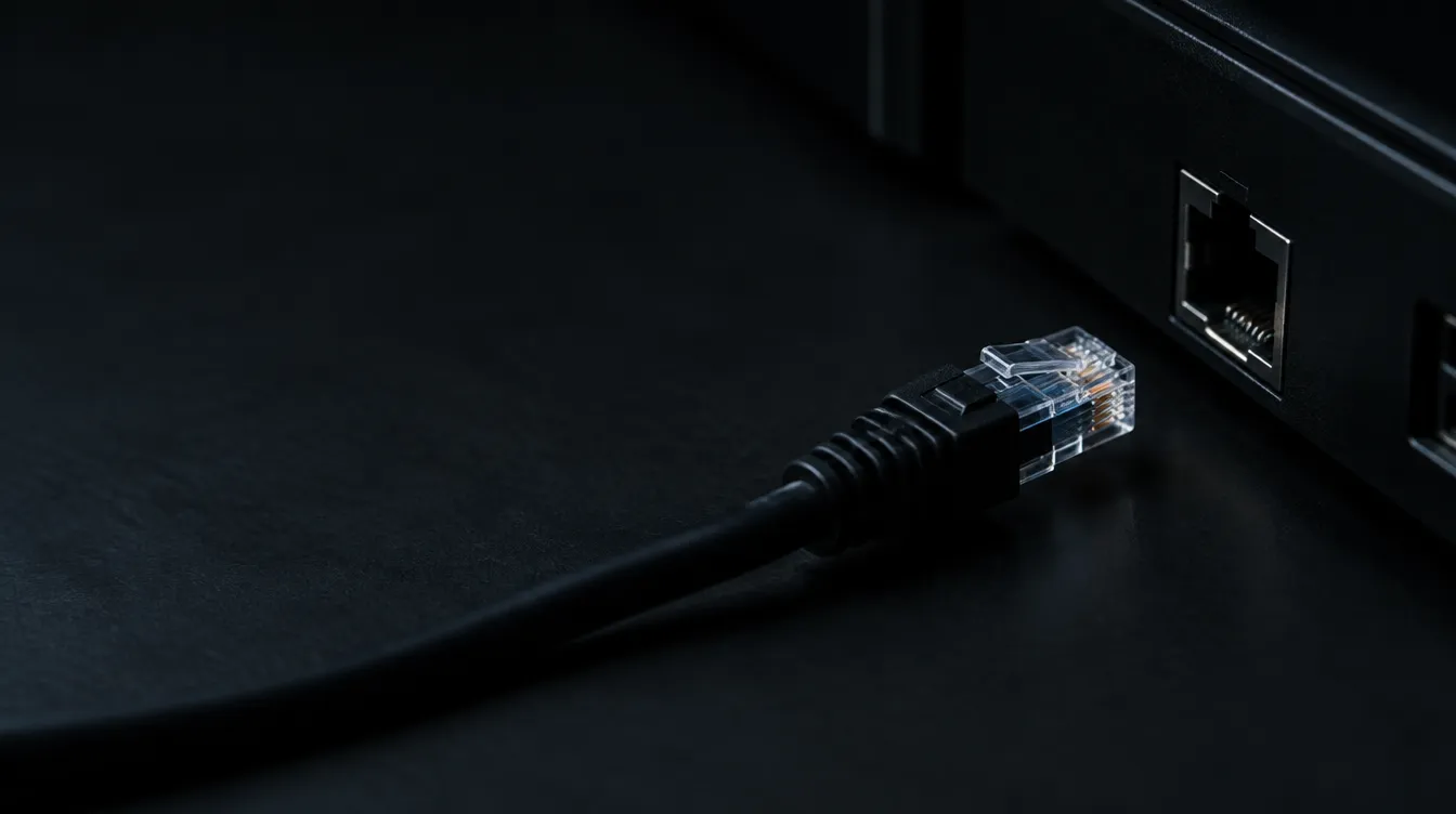An unplugged network cable lying next to an empty port